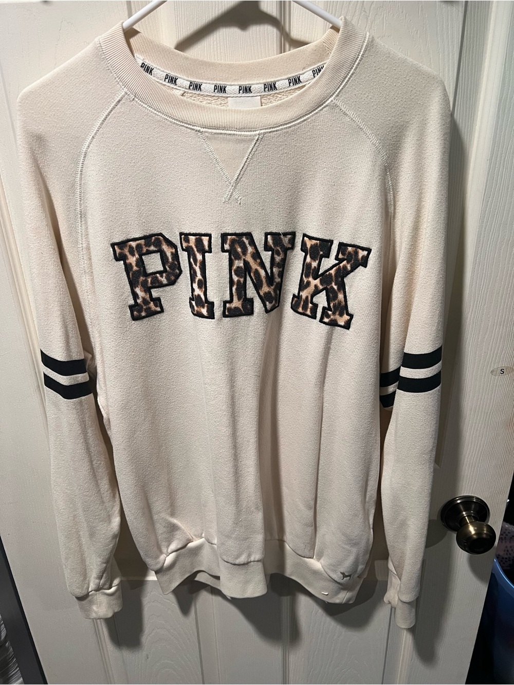 PINK Victoria's Secret Cream Crewneck with Leopard Logo and Black Stripes